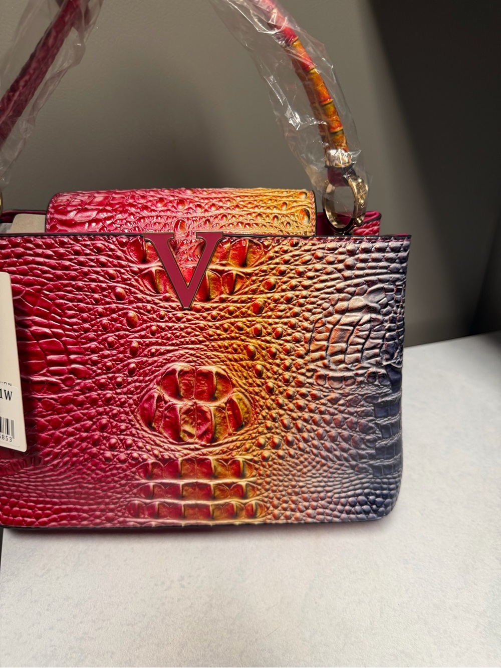 V-Emblem Ombre Croc-Embossed crossbody Bag in Red/Orange/Purple wt/ match wallet